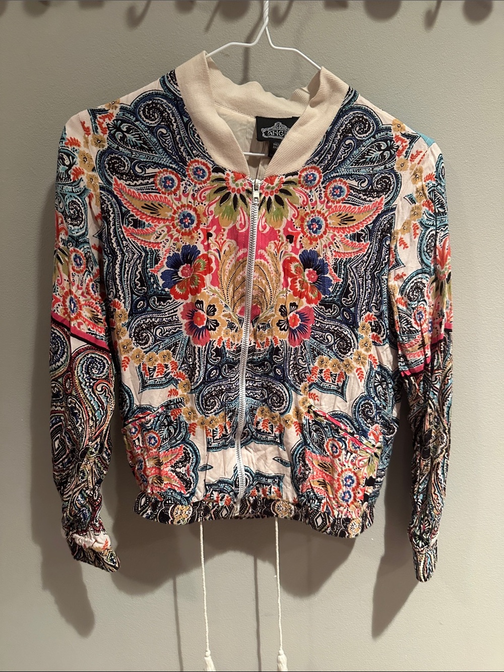 Angie Floral Paisley Bomber Jacket in Pink, Navy & Cream